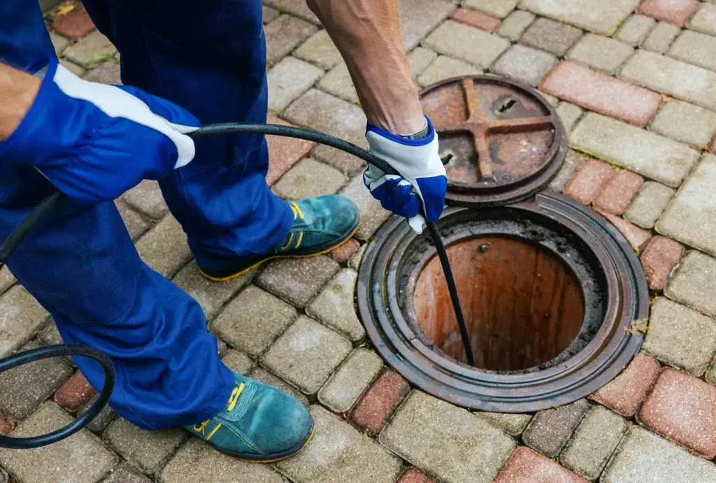 Technician in gloves feeding a drain cable into an open sewer line